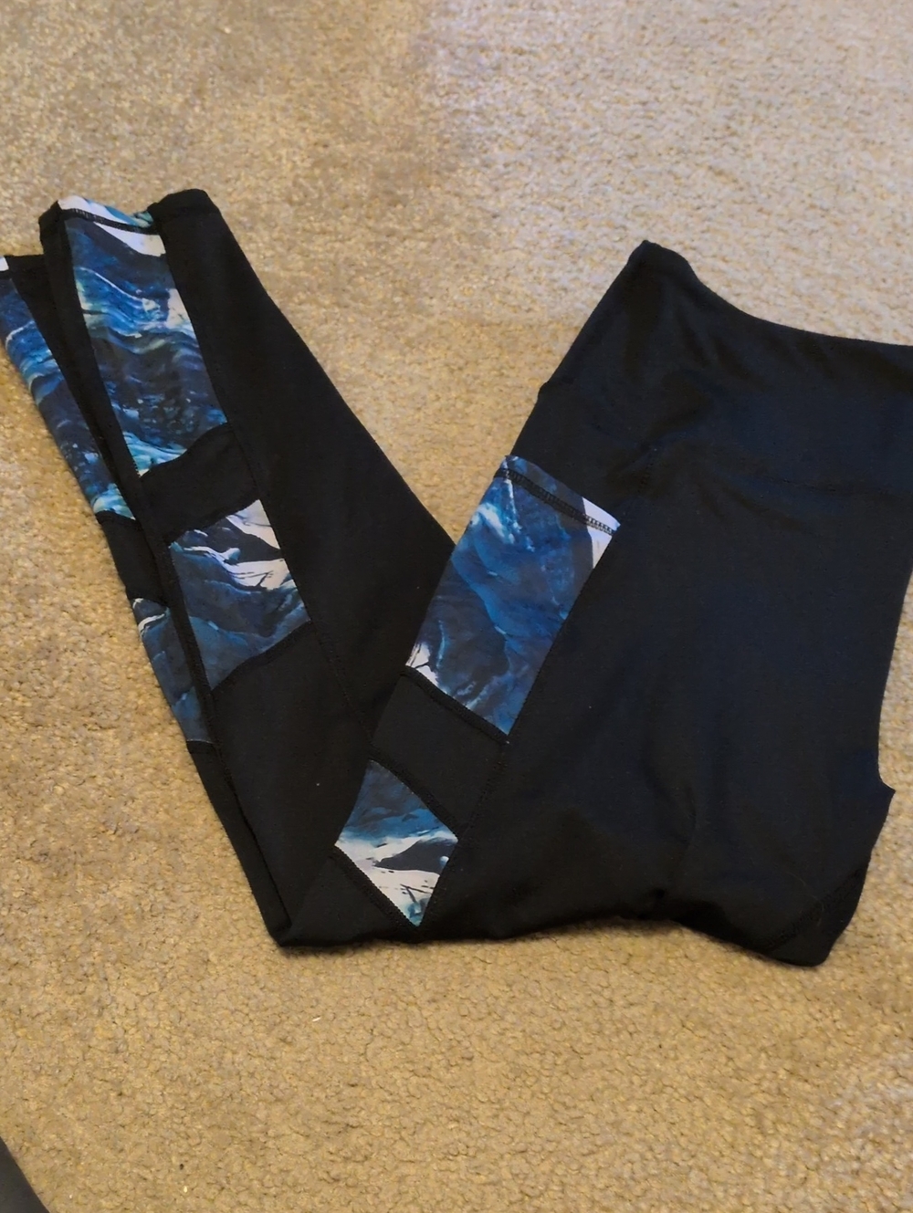 Black Leggings with Blue Marble Side Panel - Women's Activewear